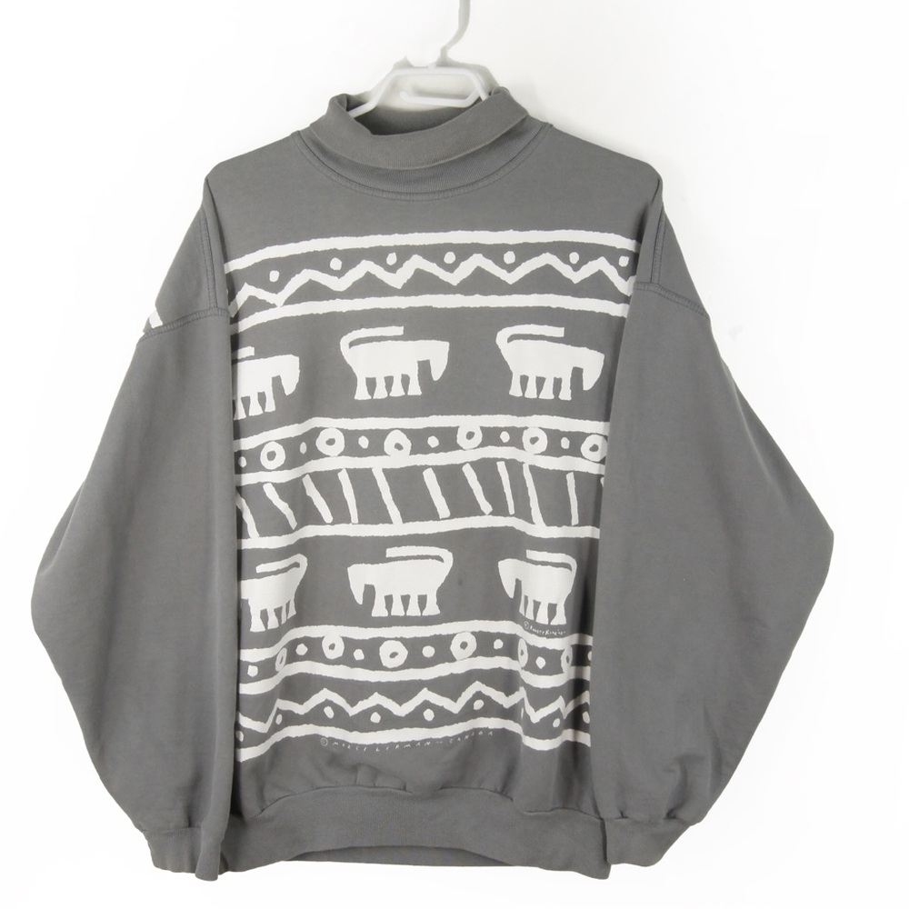 Vintage Marci Lipman Grey White Aztec Illustration Pullover Turtle Neck Sweater